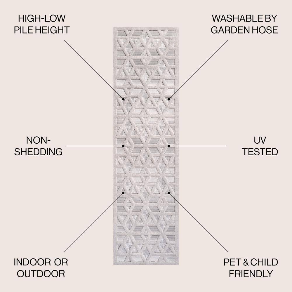 Ivory Geometric Washable Indoor/Outdoor Runner Rug