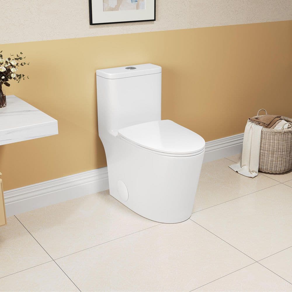 White Ceramic Dual-Flush Elongated One-Piece Toilet