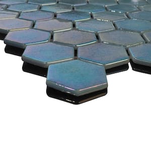 Glass Tile Love Enduring Love Hex Teal Mix 11 in. x 16.325 in Glossy Glass Patterned Pool Wall Tile (10.76 sq. ft./Case)