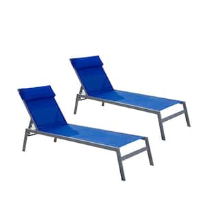 Blue 3-Pieces Aluminum Patio Chaise Lounge Set Adjustable Pool Lounge Chairs Textilene Sunbathing Recliner