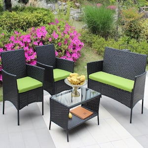 Set of 4 Rattan Patios Wicker Outdoor Sectional Couch with Green Cushion