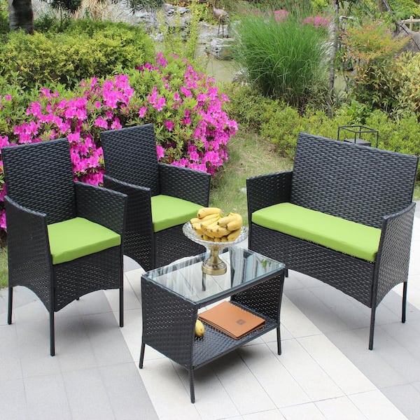Unbranded Set of 4 Rattan Patios Wicker Outdoor Sectional Couch with Green Cushion