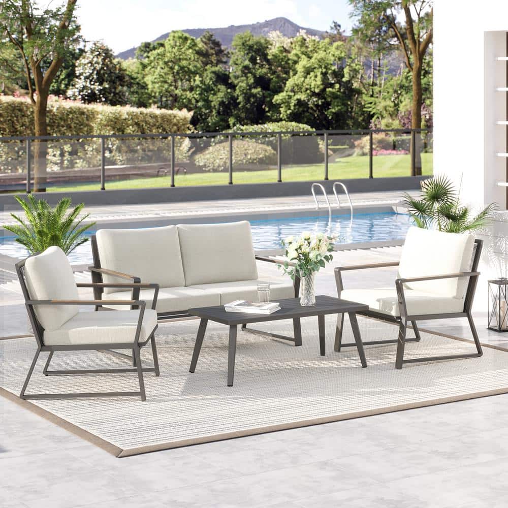 Outdoor 4-Piece Patio Conversation Furniture Set with Metal Frame and Cushi