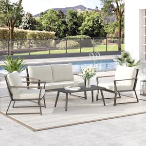 Outdoor 4-Piece Patio Conversation Furniture Set with Metal Frame and CushionGuard, White Cushions