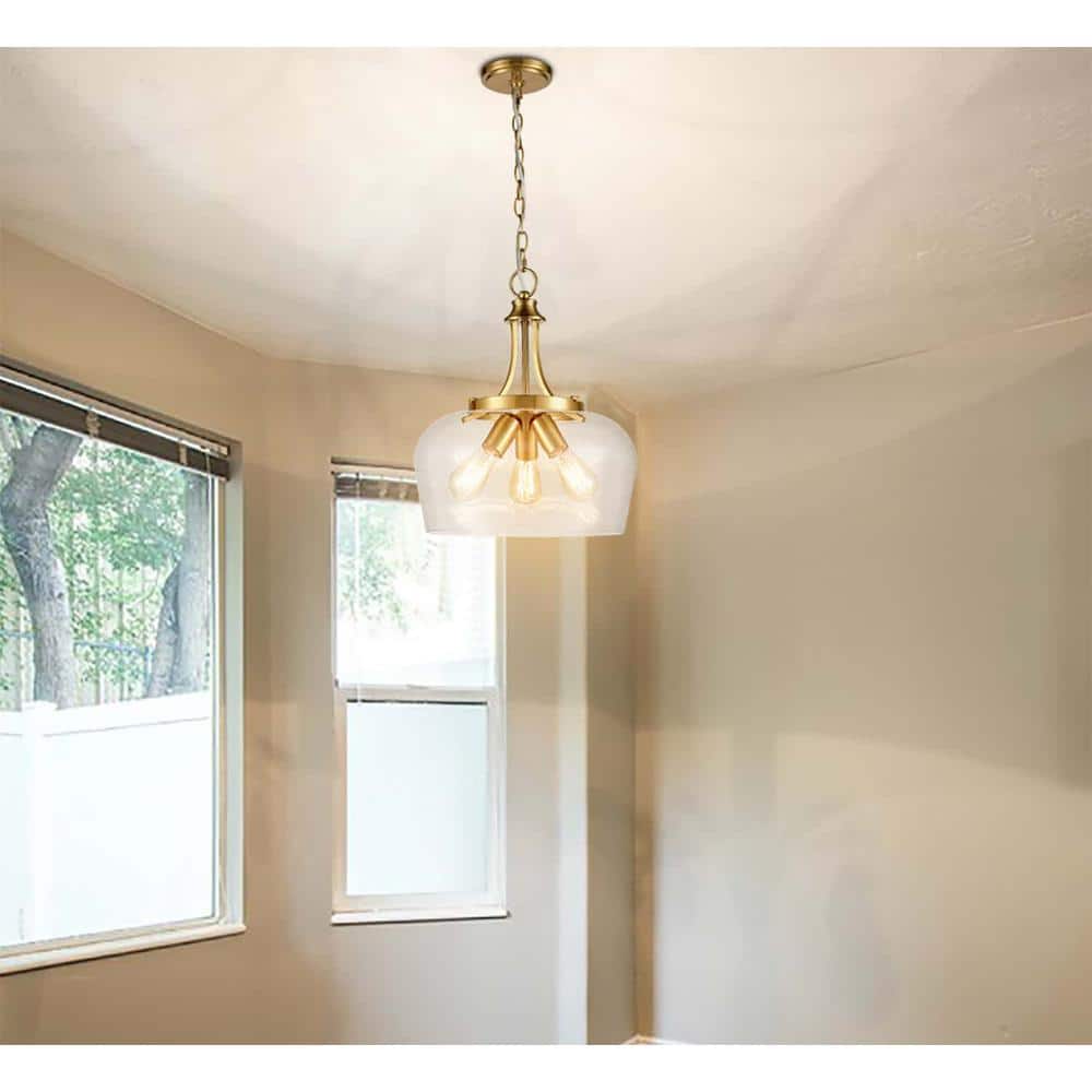 Modern Gold 3-Light Clear Glass Pendant with Brass Finish