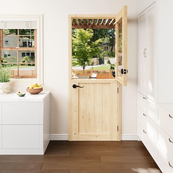 30 in. x 80 in. Universal 1-Lite Clear Glass Unfinished Exterior Door w/Shelf and Lock Solid Wood Front Door Slab-Dutch