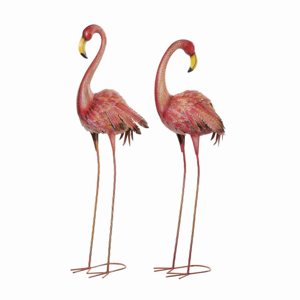 Pink and Yellow Iron Flamingo Garden Sculptures, Set of 2