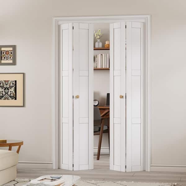 48 in. x 80 in. 3-Lite Solid Core Panel White Primed Composite MDF Interior Closet Bi-fold Door with Hardware Kit