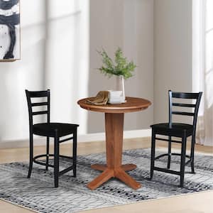 Aria Distressed Oak/Black Solid Wood 30 in Round Top Counter height Pedestal Dining Set with 2-Emily Stools, Seats 2
