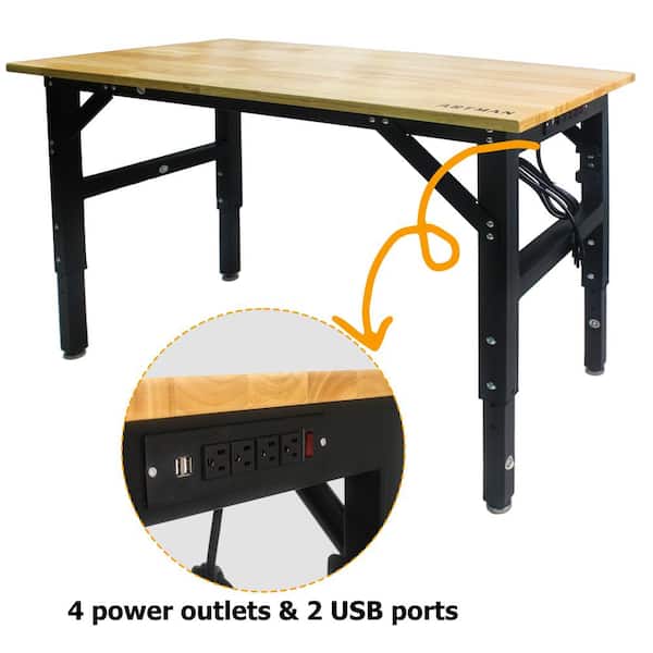 GOGEXX 48 in. L x 24 in.W x 41 in. H Metal Black Adjustable Worktable SolidWooden Top Workbench 4 Power Outlets/2USB Ports