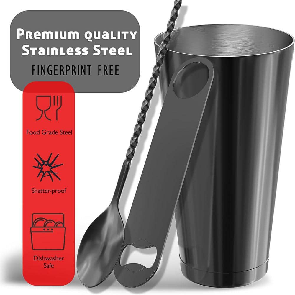 Black Corrosion-Resistant Steel 17-Piece Cocktail Shaker Set with Wood Stand