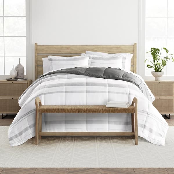 Becky Cameron Patterned Reversible Microfiber All Season Down Alternative Ultra Soft Comforter Set in Fog Stitched Stripe