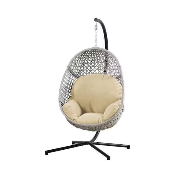 Sudzendf Modern Black Metal Patio Swing Egg Chair with C-Stand with Beige Cushion