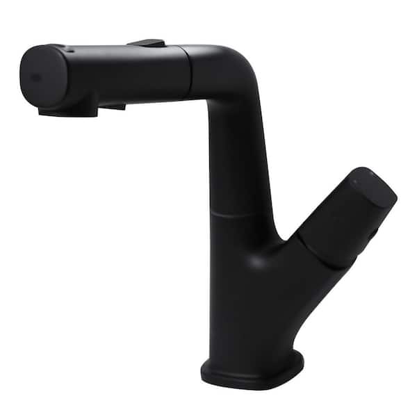 Single Handle Single Hole Bathroom Faucet with Retractable Shower Wand and Upper Arc in Matte Black