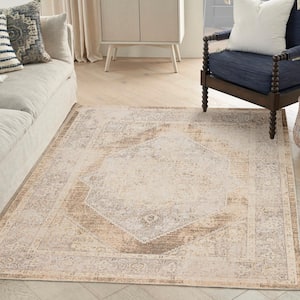 Astra Machine Washable Beige 5 ft. x 7 ft. Center medallion Traditional Area Rug