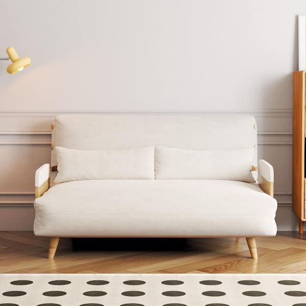 59.06 in. Beige Wood Frame Faux Leather Sofa Bed