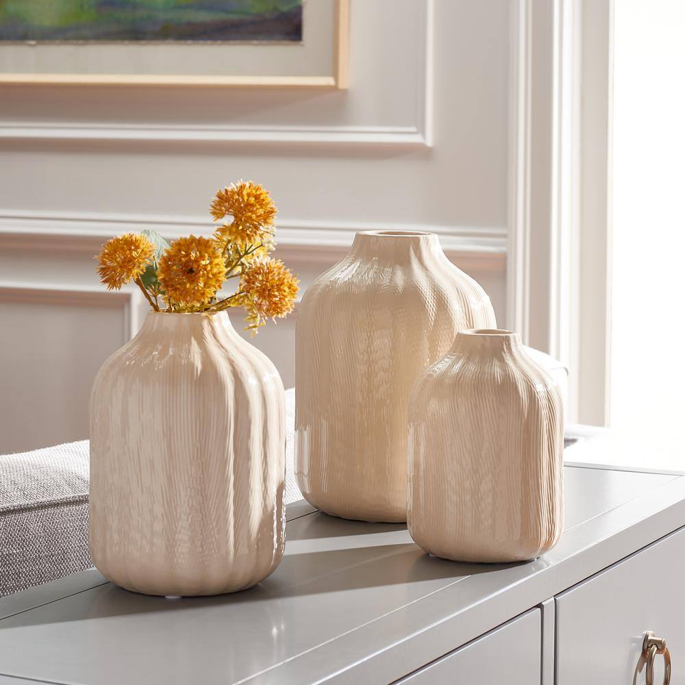 Ivory Ceramic Vase Set with Fluted Detail, 6-10 Inches