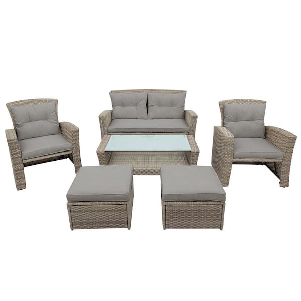 U-style 4-Piece Wicker Patio Conversation Set with Gray Cushions