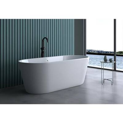 59 in. Acrylic Freestanding Flatbottom Double Ended Soaking Bathtub in Glossy White with Drain and Overflow