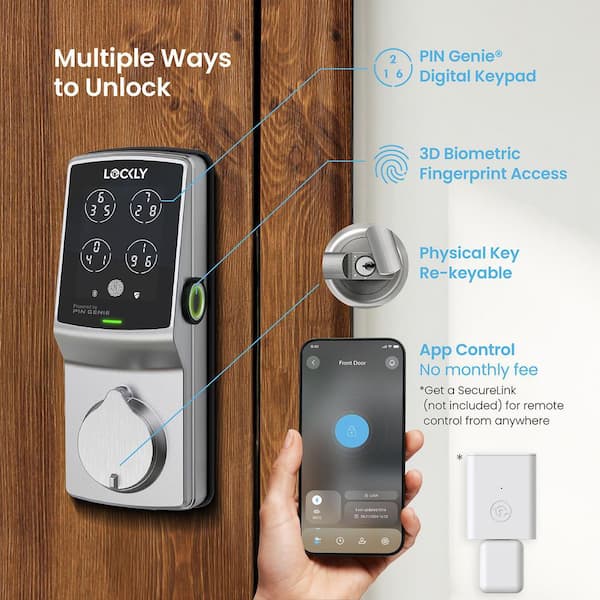 Secure Plus Satin Nickel Bluetooth Single Cylinder Deadbolt Smart Lock with 3D Fingerprint, Works with Hey Google/Alexa