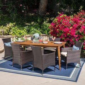 Charlie 7-Piece Wood and Faux Rattan Outdoor Dining Set with Beige Cushion