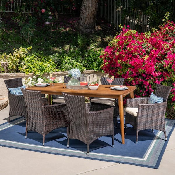 Noble House Charlie 7-Piece Wood and Faux Rattan Outdoor Dining Set with Beige Cushion