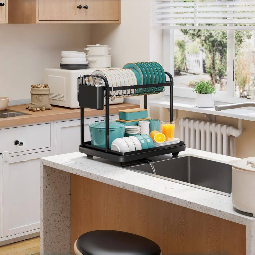 Kitchen Trail Rack Esepony 15 in. x 11.4 in. x 15 in. Stainless Steel 2-Tier Dish Rack ...
