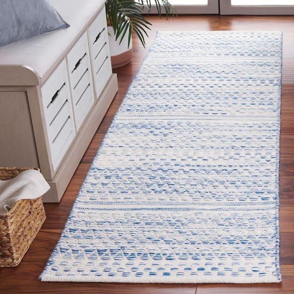 Kilim 2 ft. x 8 ft. Ivory/Blue Chevron Striped Runner Rug