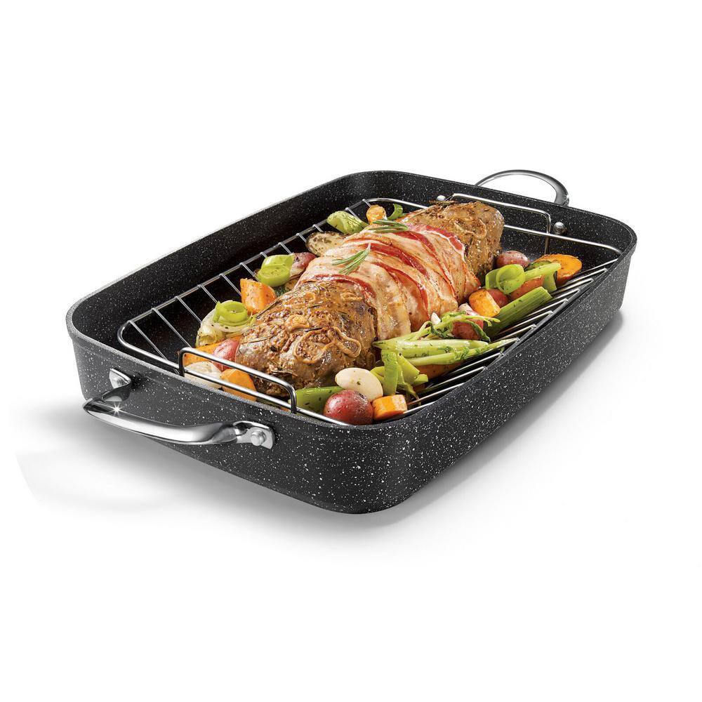 Black Non-Stick Aluminum Roasting Pan with Rack and Handles