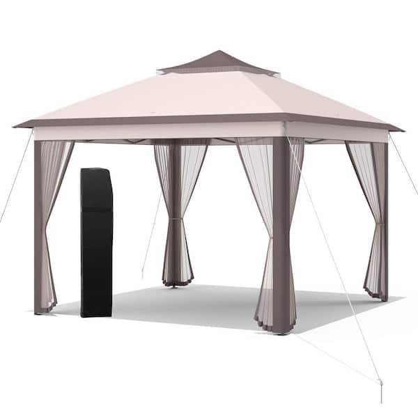 Costway 11 ft. x 11 ft. Beige 2-Tier Pop-Up Gazebo Tent Portable Canopy Shelter Carry Bag Mesh