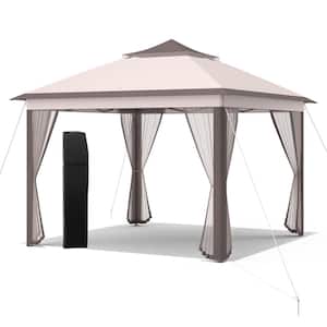 11 ft. x 11 ft. Beige 2-Tier Pop-Up Gazebo Tent Portable Canopy Shelter Carry Bag Mesh