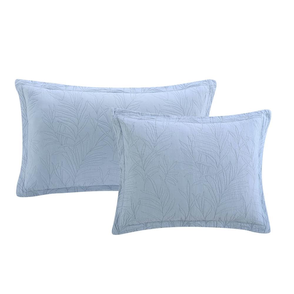 King Blue Cotton Reversible Quilt Set with Tropical Stitching