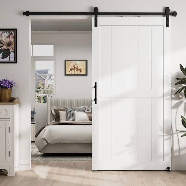 36 in. x 84 in. White H-shaped MDF Sliding Barn Door Slab with Hardware Kit