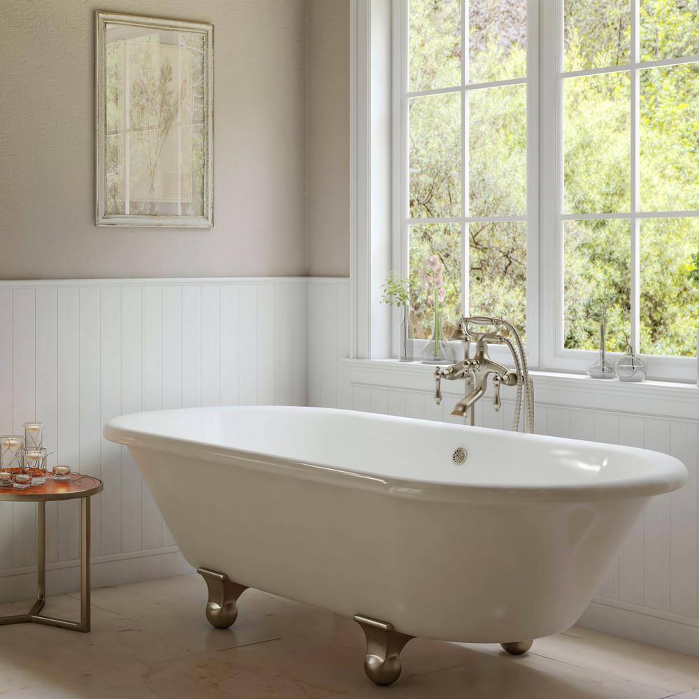 PELHAM & WHITE 60 in. Acrylic DualRest Clawfoot Bathtub in White, Cannonball Feet and Drain