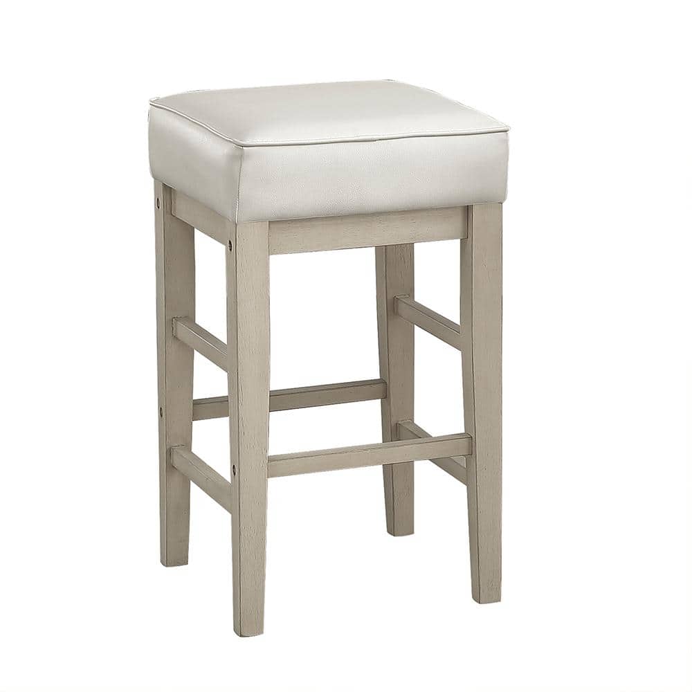 White Faux Leather and Wood Backless Counter Stools, 24 Inch