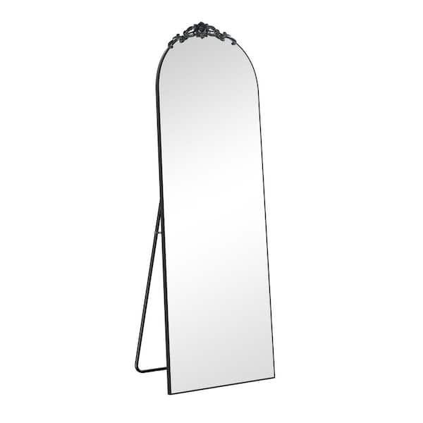 Unbranded Black 23 in. W x 67 in. H Wooden Right-Angled Arched Mirror with Stand for Living Room
