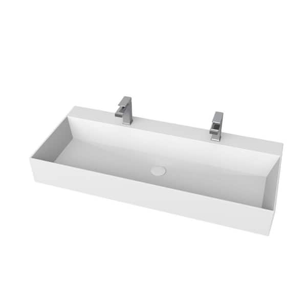 Moray 48 in. Solid Surface Wall Mount Vessel Rectangle Bathroom Sink with Faucet Hole in Matte White