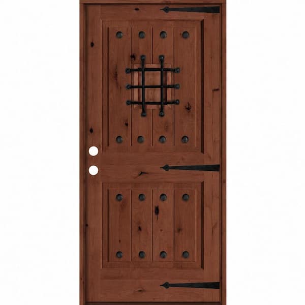 32 in. x 80 in. Med. Knotty Alder Sq. Top Right-Hand/Inswing BEHR Red Mahogany Stain Single Wood Prehung Front Door