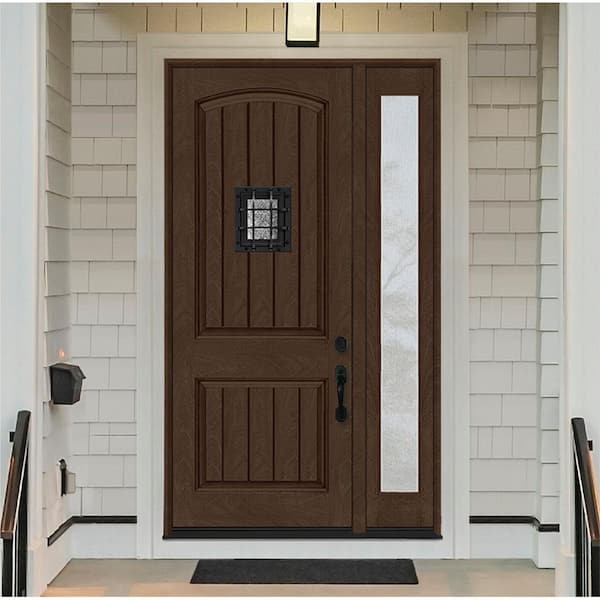 Regency 53 in. x 96 in. 2P Plank Cavalier Speakeasy LHIS Hickory Stain Fiberglass Prehung Front Door w/14in. Rain SL