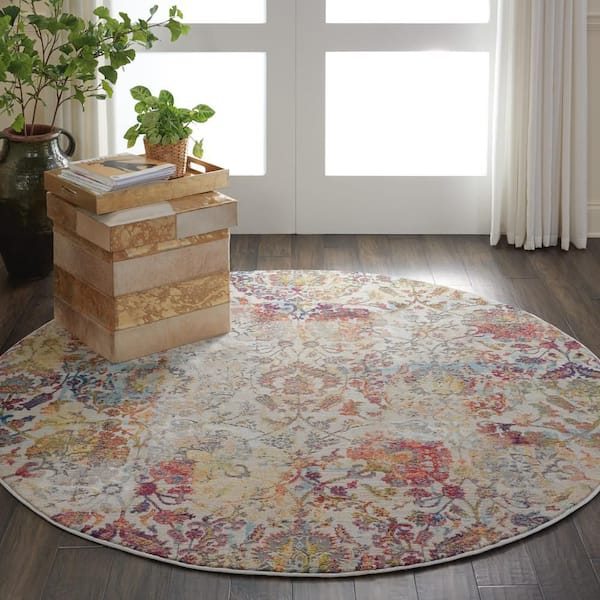 Global Vintage Ivory/Orange 4 ft. x 4 ft. Oriental Transitional Round Area Rug