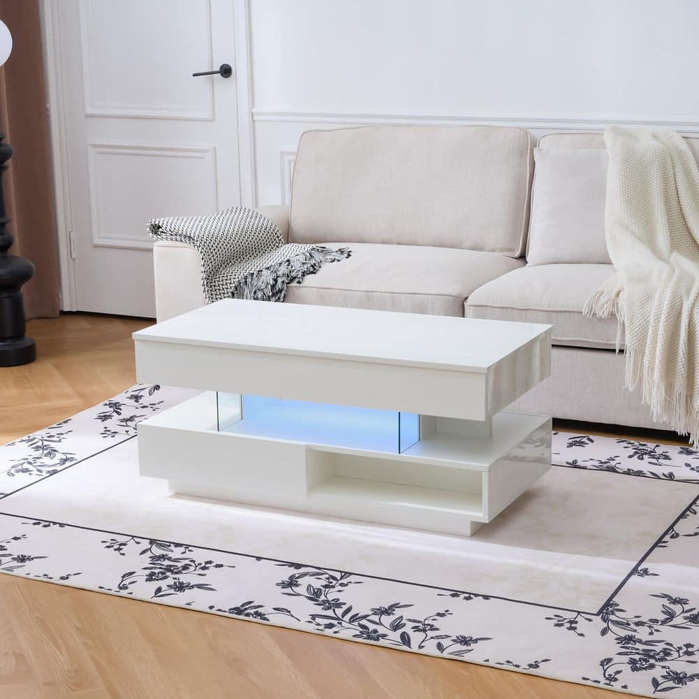 Ivan 39.37 in. White Rectangle Wood Lift Top Coffee Table with Hidden Compartment, 2-Drawers, Ajustable LED Lights price history on PriceWatchPro