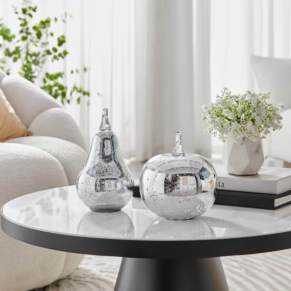 Alloya 2-Piece 4.35 in. W x 7.85 H Apple and Pear Decorative Accent Glass Tabletop Sculpture Set - Silver