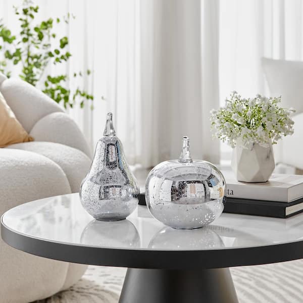 DANYA B Alloya 2-Piece 4.35 in. W x 7.85 H Apple and Pear Decorative Accent Glass Tabletop Sculpture Set - Silver