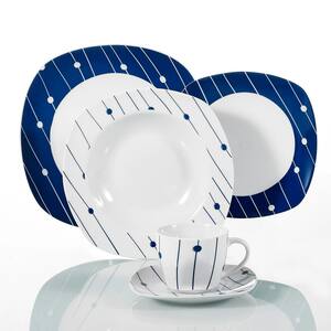 Series Dots 30-Piece Porcelain Blue and Lines Pattern Dinner Combi-Set Plate Set Cups and Saucers Set (Service for 6)