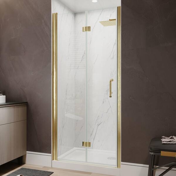 34-36 in. W x 72 in. H Bi Fold Frameless Shower Door in Brushed Gold with Clear Glass