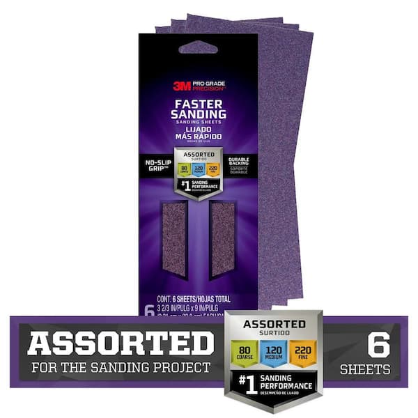 3M Pro Grade Precision 9 in. x 11 in. 80, 150, 220 Assorted Grits Faster Sanding Sheets (6-Sheets/Pack)