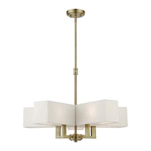 Rubix 5-Light Antique Brass Chandelier with Oatmeal Color Fabric Shades with White Fabric Inside