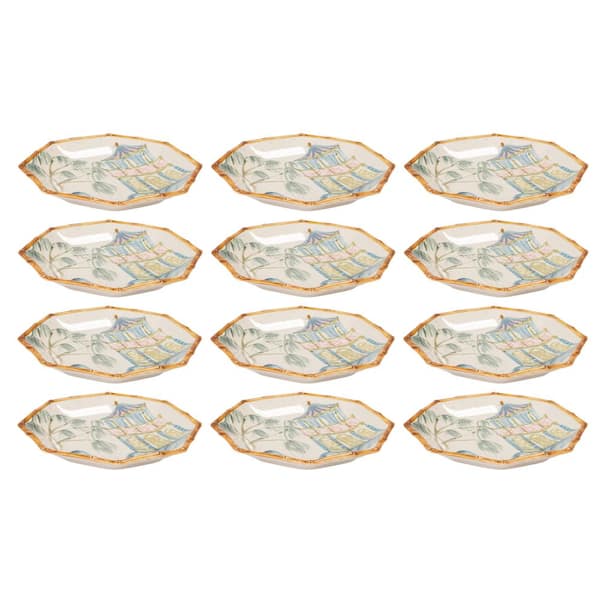 Multicolor Hand-Painted Stoneware Octagon Plate with House, Palm Tree, and Bamboo-Style Edge (Set of 12)