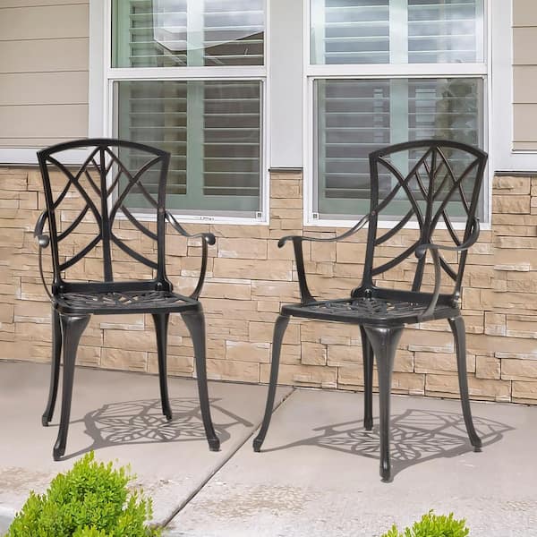 Black Cast Aluminum Outdoor Patio Chairs with Gold-painted Edge (2-Pack)