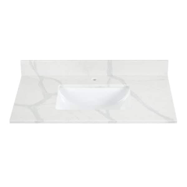Altair Arbios 36 in. W x 22 in. D Qt. Stone White Rectangular Single Sink Bathroom Vanity Top in Calcutta White Single Hole